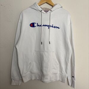 Champion Hooded Sweatshirt Hoodie White With Chest Logo Size Large